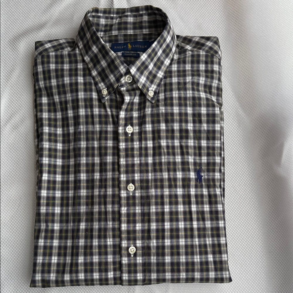 Ralph Lauren Men's Plaid Button Down Shirt - Blue and Yellow - Large